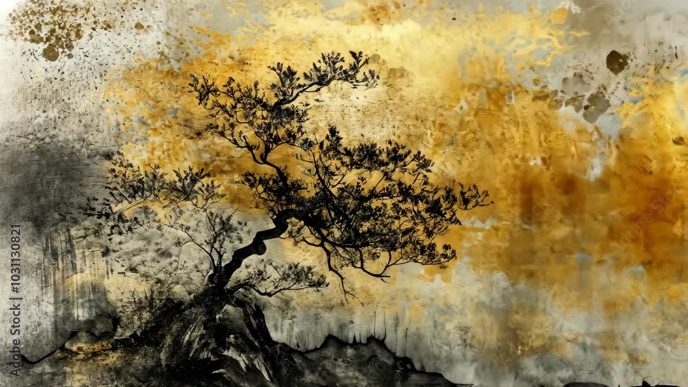 A solitary tree stands tall against a backdrop of golden and gray hues, creating a serene and peaceful atmosphere A solitary tree stands tall against a backdrop of golden and gray hues, creating a serene and peaceful atmosphere
