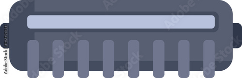 Blue harmonica is lying horizontally showing its metallic side and mouthpiece ready to be played