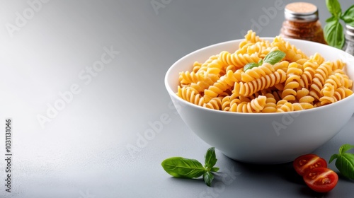 Fresh Pasta in White Bowl with Herbs and Tomatoes