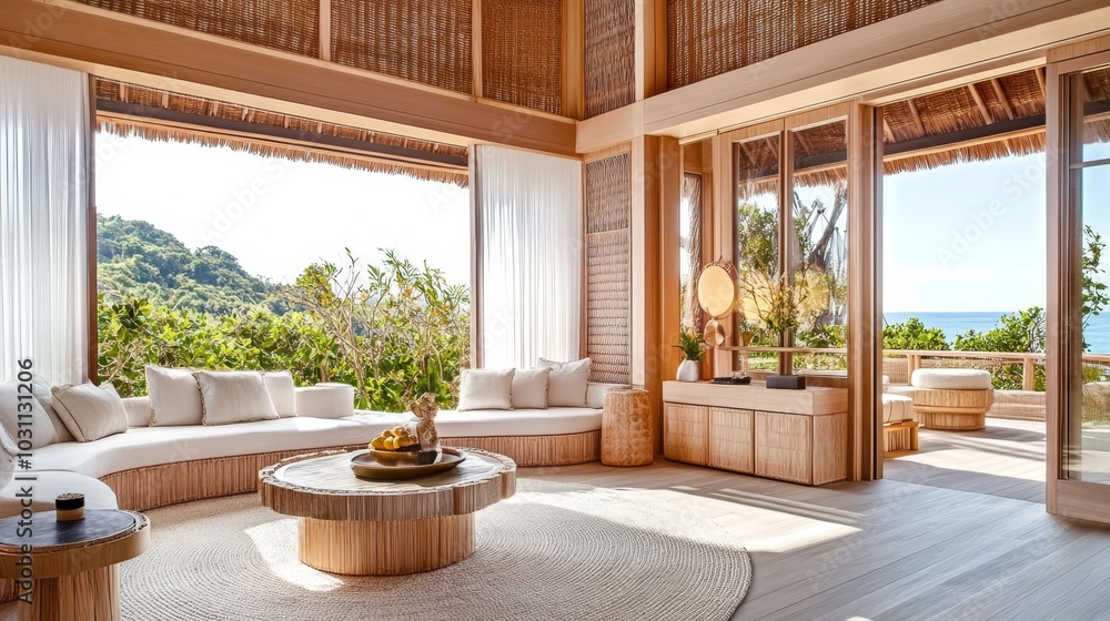 Tropical luxury villa living room interior. Open plan design with panoramic ocean views. Tropical luxury villa living room interior. Open plan design with panoramic ocean views.