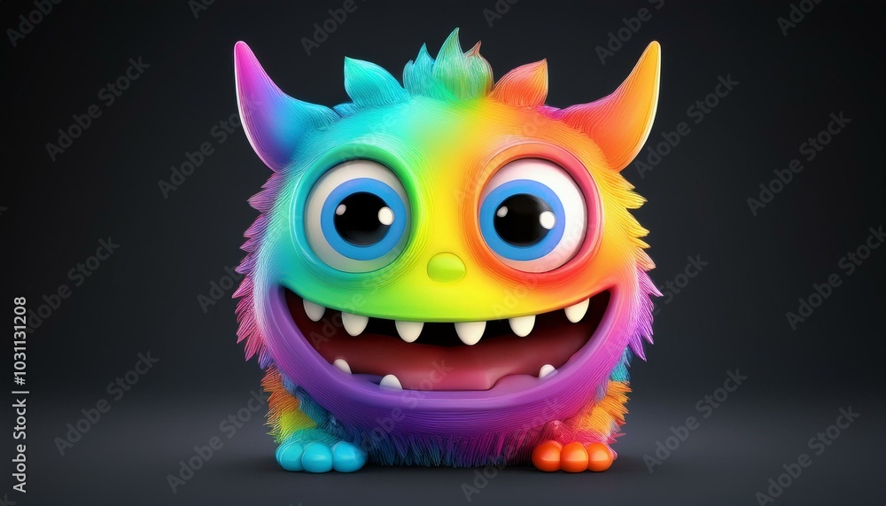 Minimalistic 3D cartoon rainbow monster emoji on black, holographic colors, Octane rendering, high quality. Minimalistic 3D cartoon rainbow monster emoji on black, holographic colors, Octane rendering, high quality.