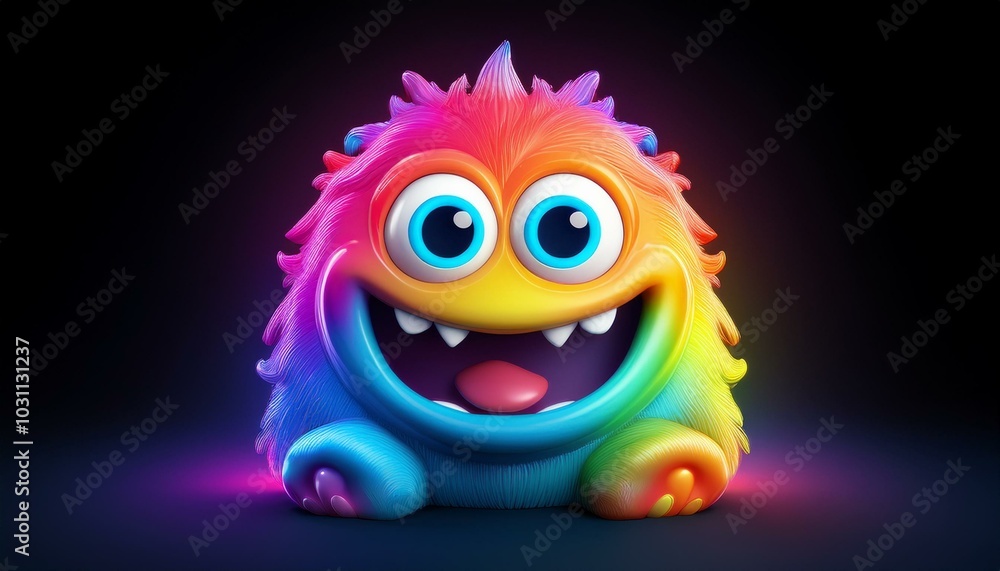 Minimalistic 3D cartoon rainbow monster emoji on black, holographic colors, Octane rendering, high quality. Minimalistic 3D cartoon rainbow monster emoji on black, holographic colors, Octane rendering, high quality.