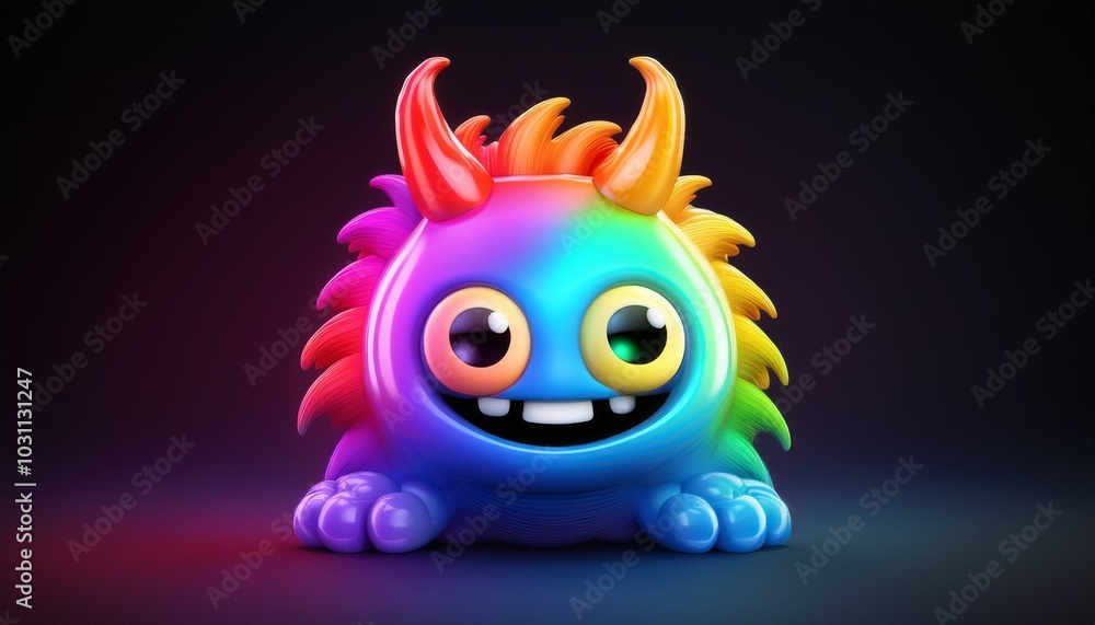Minimalistic 3D cartoon rainbow monster emoji on black, holographic colors, Octane rendering, high quality. Minimalistic 3D cartoon rainbow monster emoji on black, holographic colors, Octane rendering, high quality.