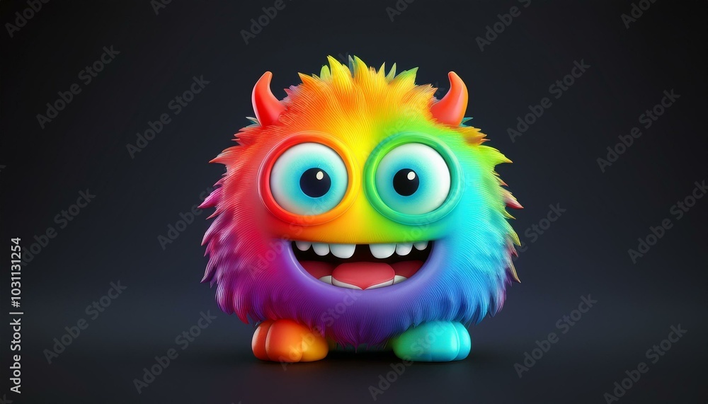 Minimalistic 3D cartoon rainbow monster emoji on black, holographic colors, Octane rendering, high quality. Minimalistic 3D cartoon rainbow monster emoji on black, holographic colors, Octane rendering, high quality.