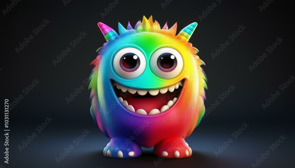 Minimalistic 3D cartoon rainbow monster emoji on black, holographic colors, Octane rendering, high quality. Minimalistic 3D cartoon rainbow monster emoji on black, holographic colors, Octane rendering, high quality.