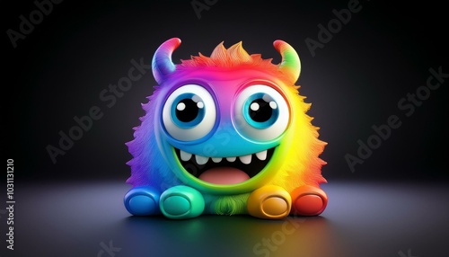 Minimalistic 3D cartoon rainbow monster emoji on black, holographic colors, Octane rendering, high quality.