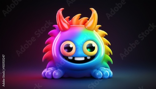 Minimalistic 3D cartoon rainbow monster emoji on black, holographic colors, Octane rendering, high quality.