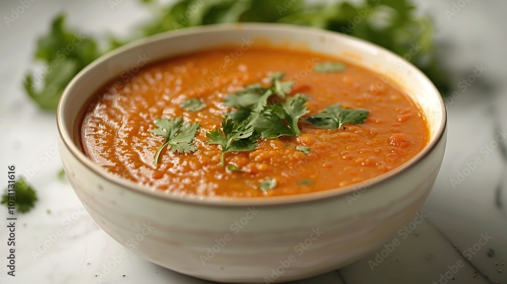 A bowl of creamy tomato soup garnished with fresh cilantro. A bowl of creamy tomato soup garnished with fresh cilantro.