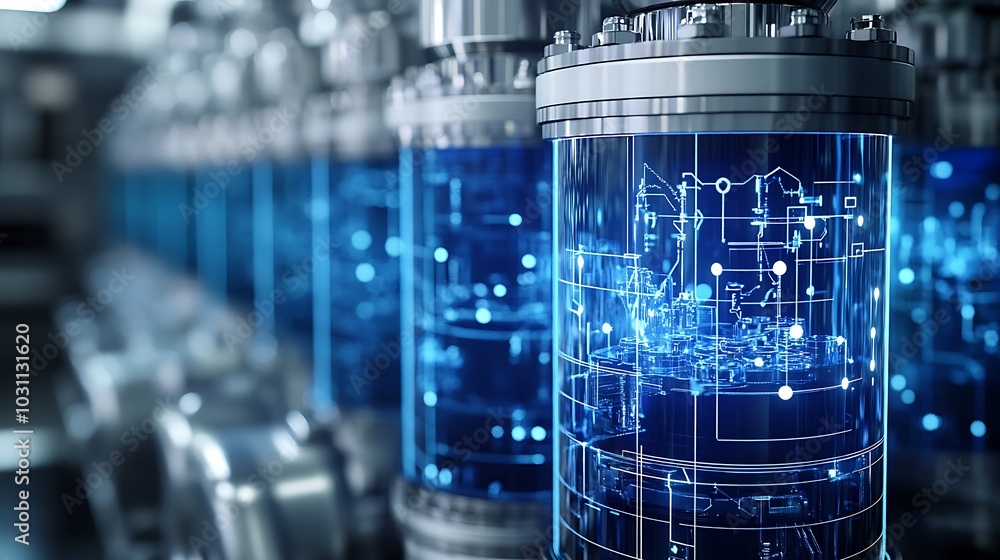 A close-up of a hydrogen fuel cell stack with energy flow diagrams overlaying the image, showing its functionality in powering devices. A close-up of a hydrogen fuel cell stack with energy flow diagrams overlaying the image, showing its functionality in powering devices.