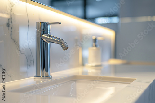 Clean modern bathroom with single soap dispenser photo