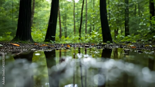 A puddle reflects the green trees in a forest after a rain shower