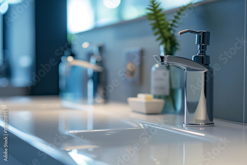 Clean modern bathroom with single soap dispenser photo