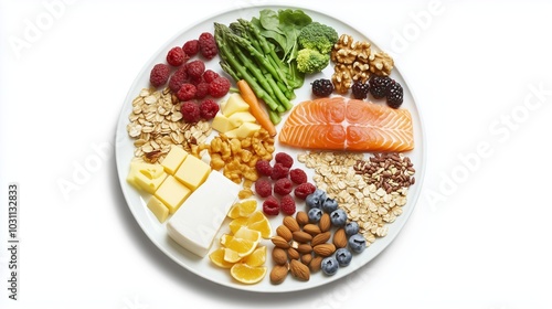 Healthy food on plate making balanced diet from above