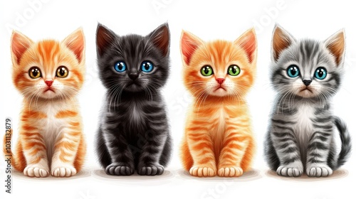 Adorable Tabby Cat Clipart Set of 4 Simple Colors on White Background