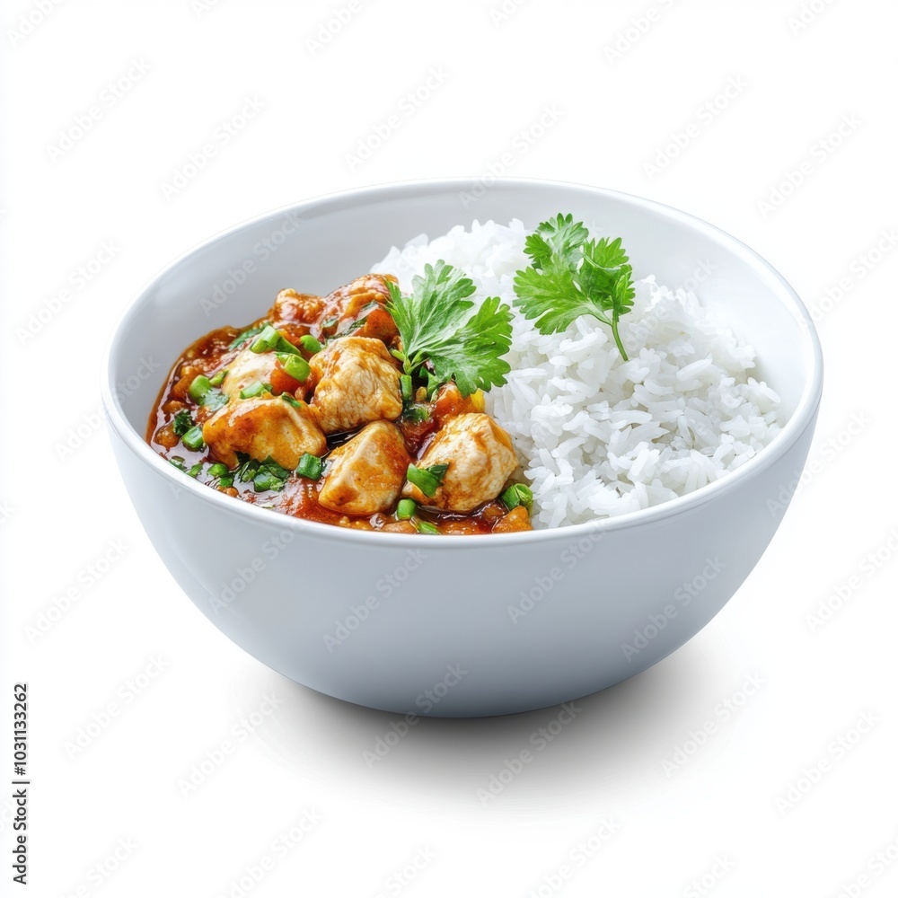 Delicious Chicken Curry with Rice on White Background Delicious Chicken Curry with Rice on White Background