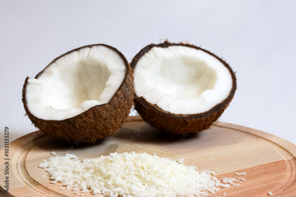 Portion of dehydrated shredded coconut on top of a round wooden board Portion of dehydrated shredded coconut on top of a round wooden board