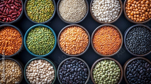 Variety of colorful beans and lentils in ceramic bowls forming a background