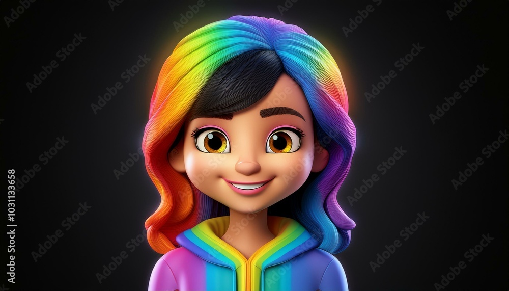 Minimalist 3D cartoon rainbow girl emoji on black, holographic colors, Octane rendering, high quality. Minimalist 3D cartoon rainbow girl emoji on black, holographic colors, Octane rendering, high quality.