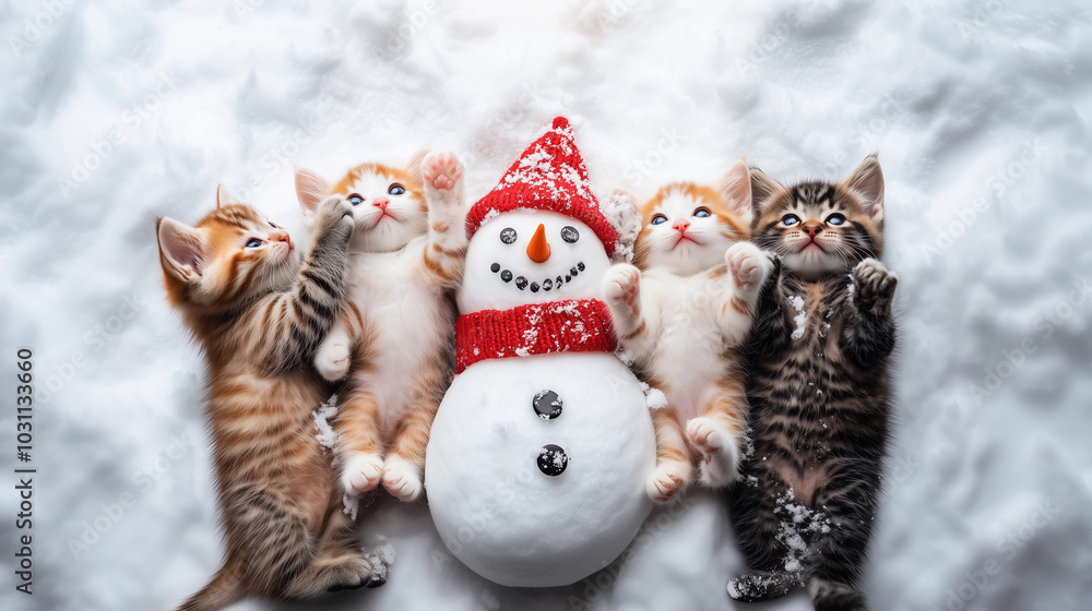 small, cute kittens playing happily in the snow with a snowman during the winter season in outdoor activities in nature