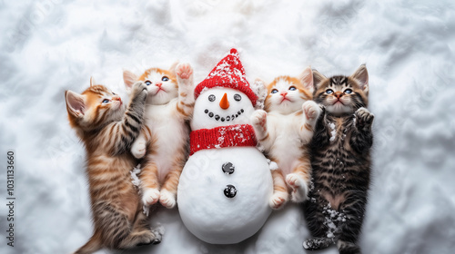 Obraz na płótnie small, cute kittens playing happily in the snow with a snowman during the winter season in outdoor activities in nature w salonie