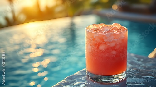 A refreshing pink cocktail with ice cubes sits on the edge of a swimming pool with the sunset in the background.