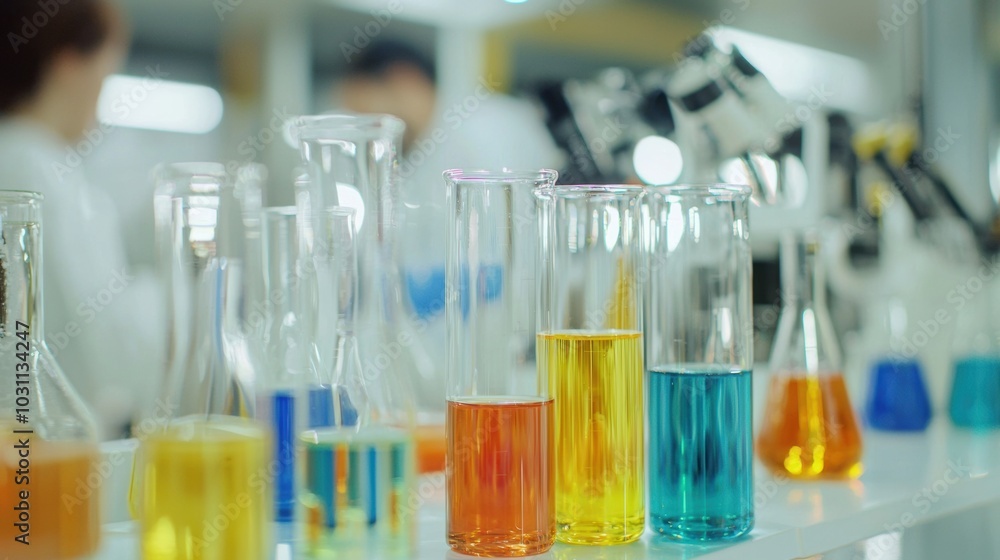 Glassware arrangement in a scientific laboratory setting Glassware arrangement in a scientific laboratory setting