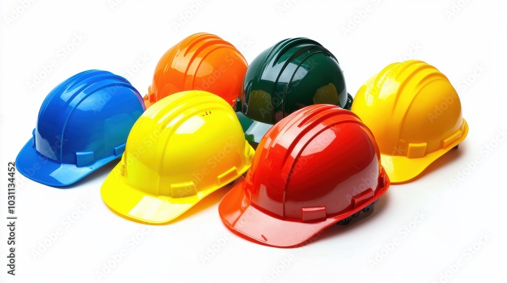 Colorful Construction Safety Helmets on White Background Colorful Construction Safety Helmets on White Background