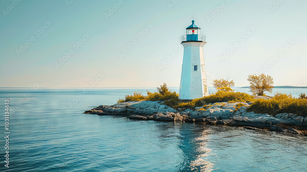 Obraz premium Scenic Lighthouse on a Tranquil Island Surrounded by Calm Waters, Concept of Seaside Solitude, Peaceful Nautical Retreat, Natural Serenity