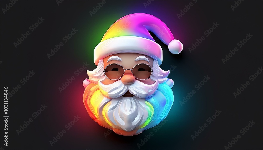 Minimalistic 3D cartoon rainbow santa claus emoji on black, holographic colors, Octane rendering, high quality. Minimalistic 3D cartoon rainbow santa claus emoji on black, holographic colors, Octane rendering, high quality.