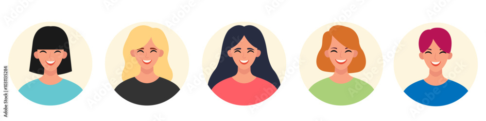 Characters avatars set. Portrait of multicultural multiethnic women with different hairstyles. Young women face portraits in circles. Flat vector illustrations Characters avatars set. Portrait of multicultural multiethnic women with different hairstyles. Young women face portraits in circles. Flat vector illustrations