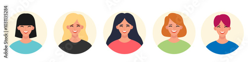 Characters avatars set. Portrait of multicultural multiethnic women with different hairstyles. Young women face portraits in circles. Flat vector illustrations