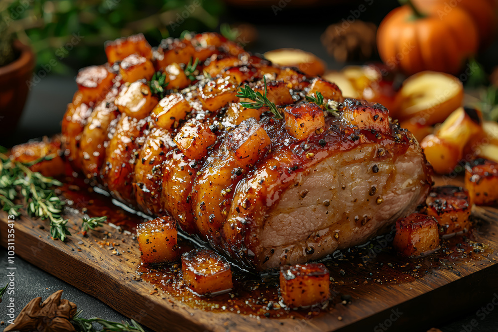 Maple-glazed roasted meats and vegetables are rich autumn dishes. Concept of autumn glazing. Maple-glazed roasted meats and vegetables are rich autumn dishes. Concept of autumn glazing.