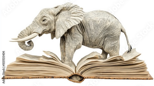 Whistlerian African Elephant Clip Art for Planners and Labels in Carved Book Style with Massurrealist Touch in White and Amber Tones - Perfect for English Majors Seeking Calming Aesthetic photo