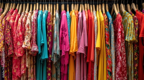 Vibrant Assortment of Fashionable Clothing Displayed on Retail Racks in Vibrant Colors and Patterns