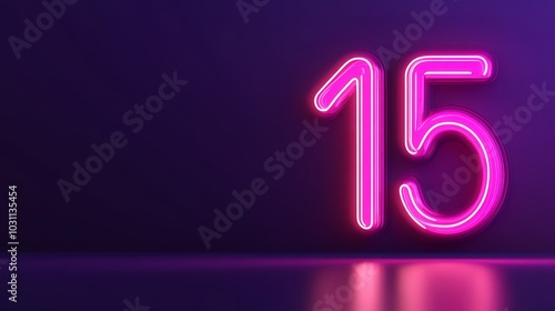 Number 15, Pink Neon Sign on a Dark Purple Background With a Reflection. 3D Rendering.