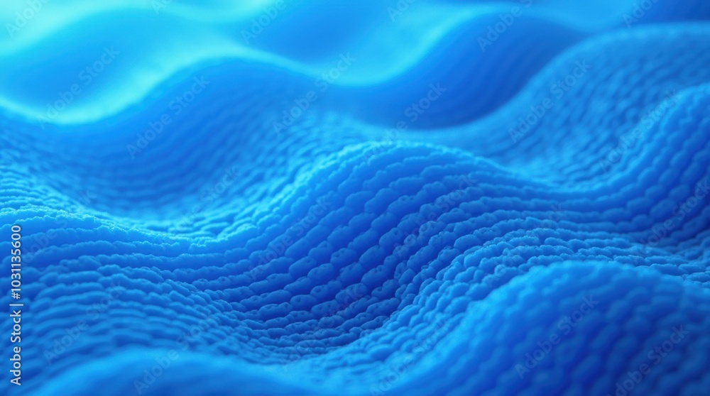 Obraz premium A three-dimensional render of a blue wavy pattern, showcasing fluid shapes and gradients that create a sense of depth and movement.