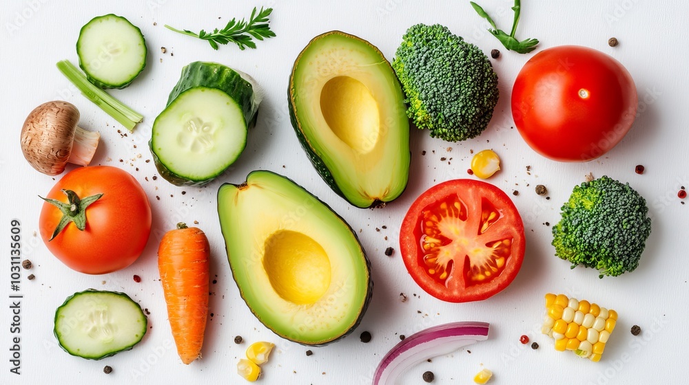 Creative layout of cabbage, avocado, tomato, onion, broccoli, mushrooms, corn, carrots and cucumber on white background.
Creative layout of cabbage, avocado, tomato, onion, broccoli, mushrooms, corn, carrots and cucumber on white background.
