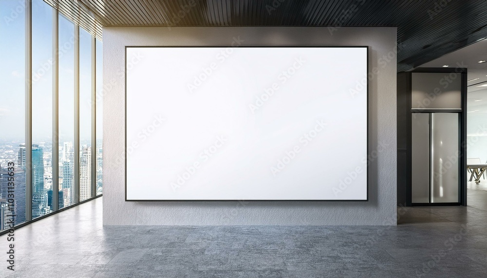 Front view of blank white isolated poster on a light grey wall at the entrance to modern loft office interior with concrete floor and window with city view. 3D Rendering, mockup, template background Front view of blank white isolated poster on a light grey wall at the entrance to modern loft office interior with concrete floor and window with city view. 3D Rendering, mockup, template background