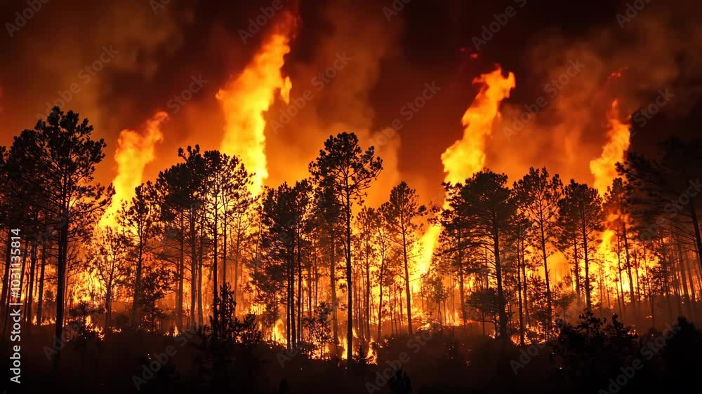 Tall flames engulf the trees in a wildfire at night Tall flames engulf the trees in a wildfire at night