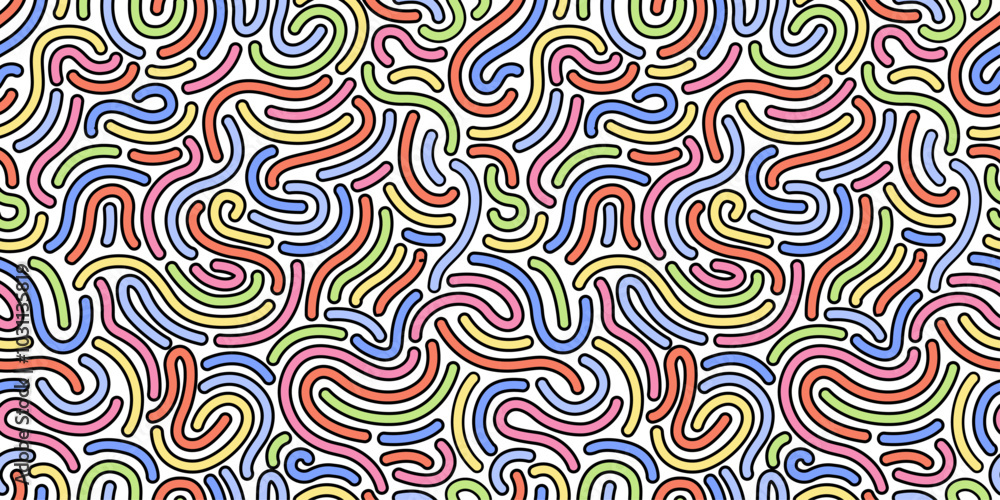 Vibrant and dynamic seamless memphis pattern with swirling loops and curved lines.Wavy and swirled brush strokes. Thick and bold texture curved lines.	  Simple and childish scribble pattern design.