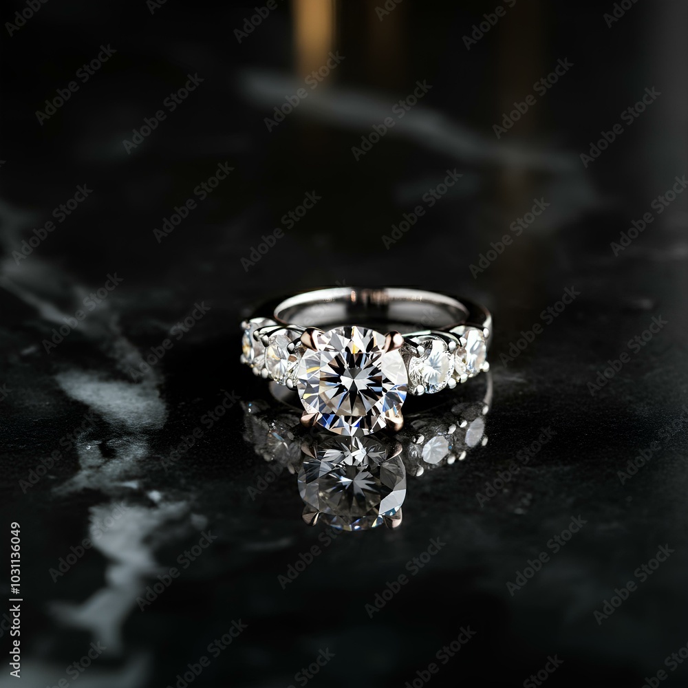 A diamond-studded ring with a large central stone, reflecting light on a dark marble surface. A diamond-studded ring with a large central stone, reflecting light on a dark marble surface.
