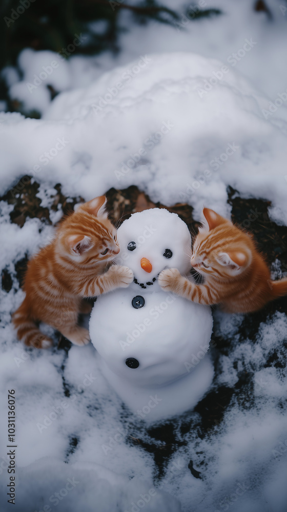 small, cute kittens playing happily in the snow with a snowman during the winter season in outdoor activities in nature