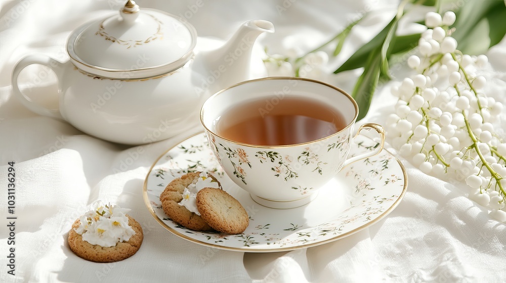 Cup with tea and teapot on white table. Side view with copy space.
Cup with tea and teapot on white table. Side view with copy space.