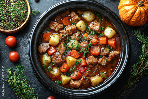 Crockpot meals, including slow-cooked meats and vegetables, are perfect for autumn dinners. Concept of crockpot meals.