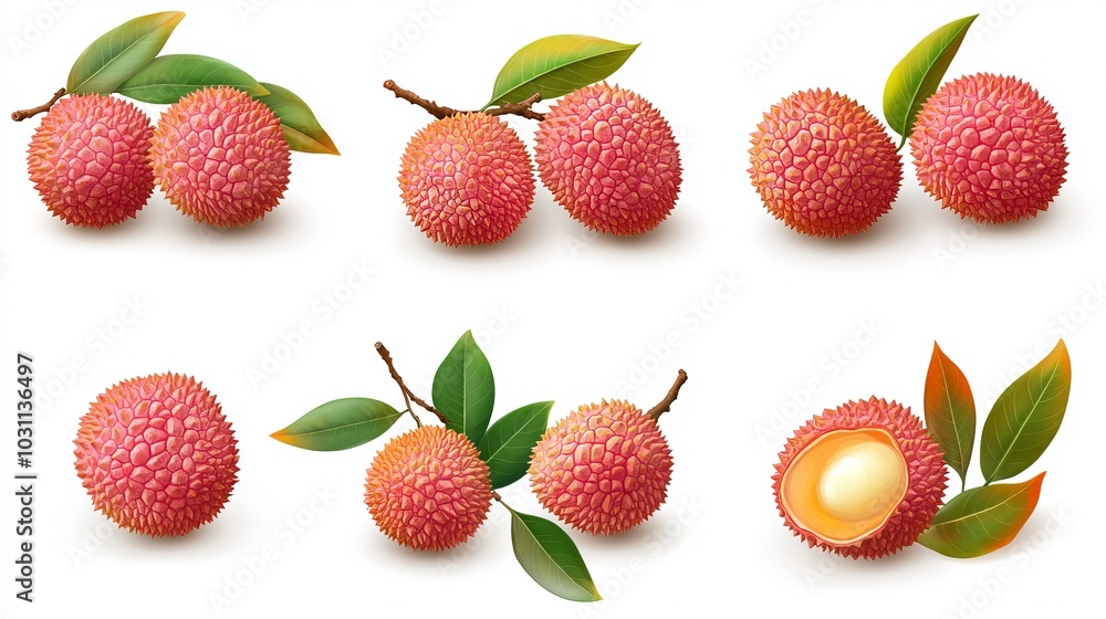Set of ripe lychee fruits: different peeled, lychee peel and leaves isolated on white background.
Set of ripe lychee fruits: different peeled, lychee peel and leaves isolated on white background.
