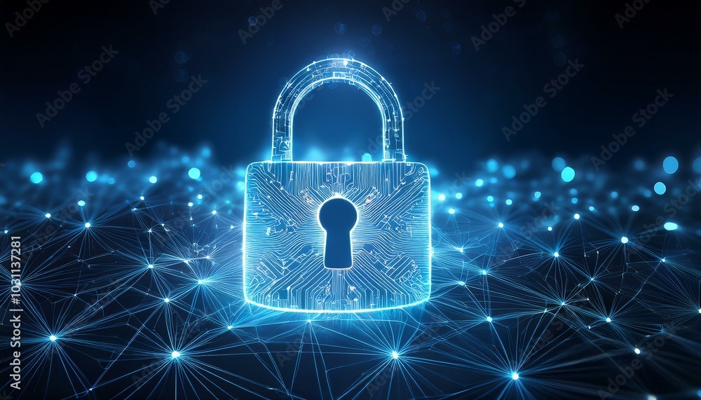 Glowing digital lock with connected lines on a dark, bokeh background, symbolizing cybersecurity. Generative AI Glowing digital lock with connected lines on a dark, bokeh background, symbolizing cybersecurity. Generative AI