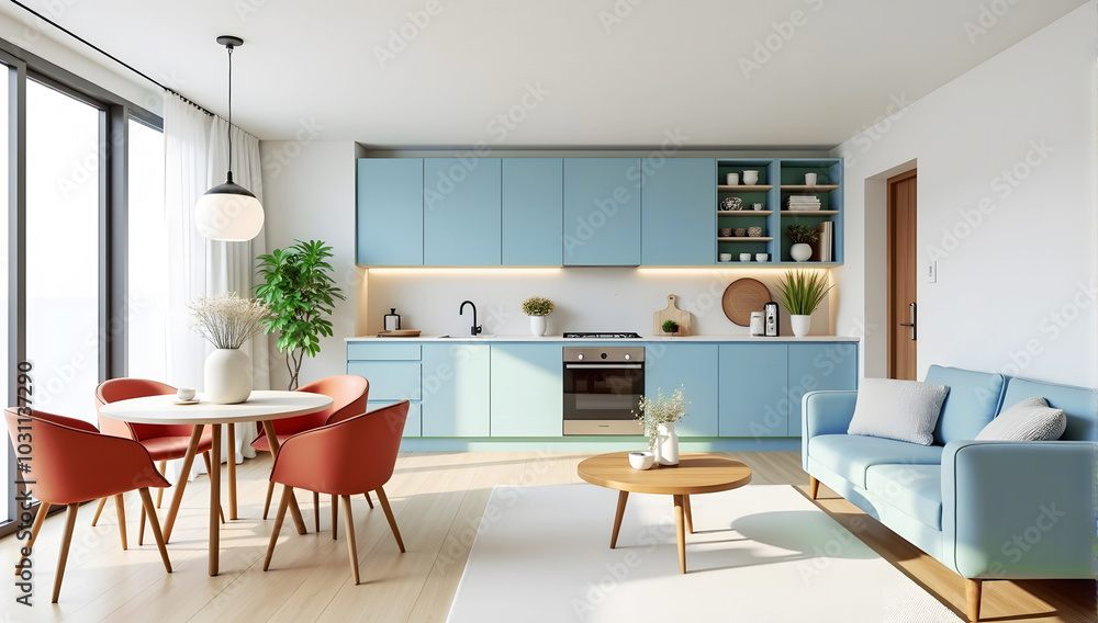 Fototapeta premium Turquoise kitchen in studio apartment. Interior design of modern living room