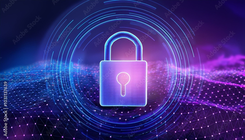 Glowing security padlock on purple backdrop. Digital interface and protection concept. 3D Rendering. Glowing security padlock on purple backdrop. Digital interface and protection concept. 3D Rendering.