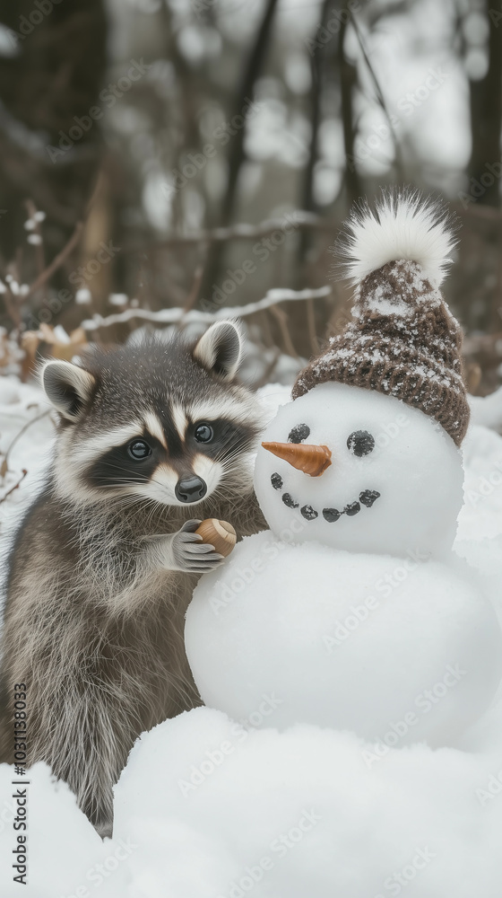 cute raccoon playing and building a snowman in the wildlife of nature during the winter season