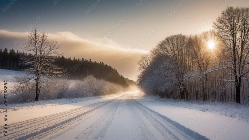 A snow-covered country road winds through a winter forest, with frost-covered trees on both sides. The serene rural landscape captures the quiet beauty of winter in the countryside A snow-covered country road winds through a winter forest, with frost-covered trees on both sides. The serene rural landscape captures the quiet beauty of winter in the countryside